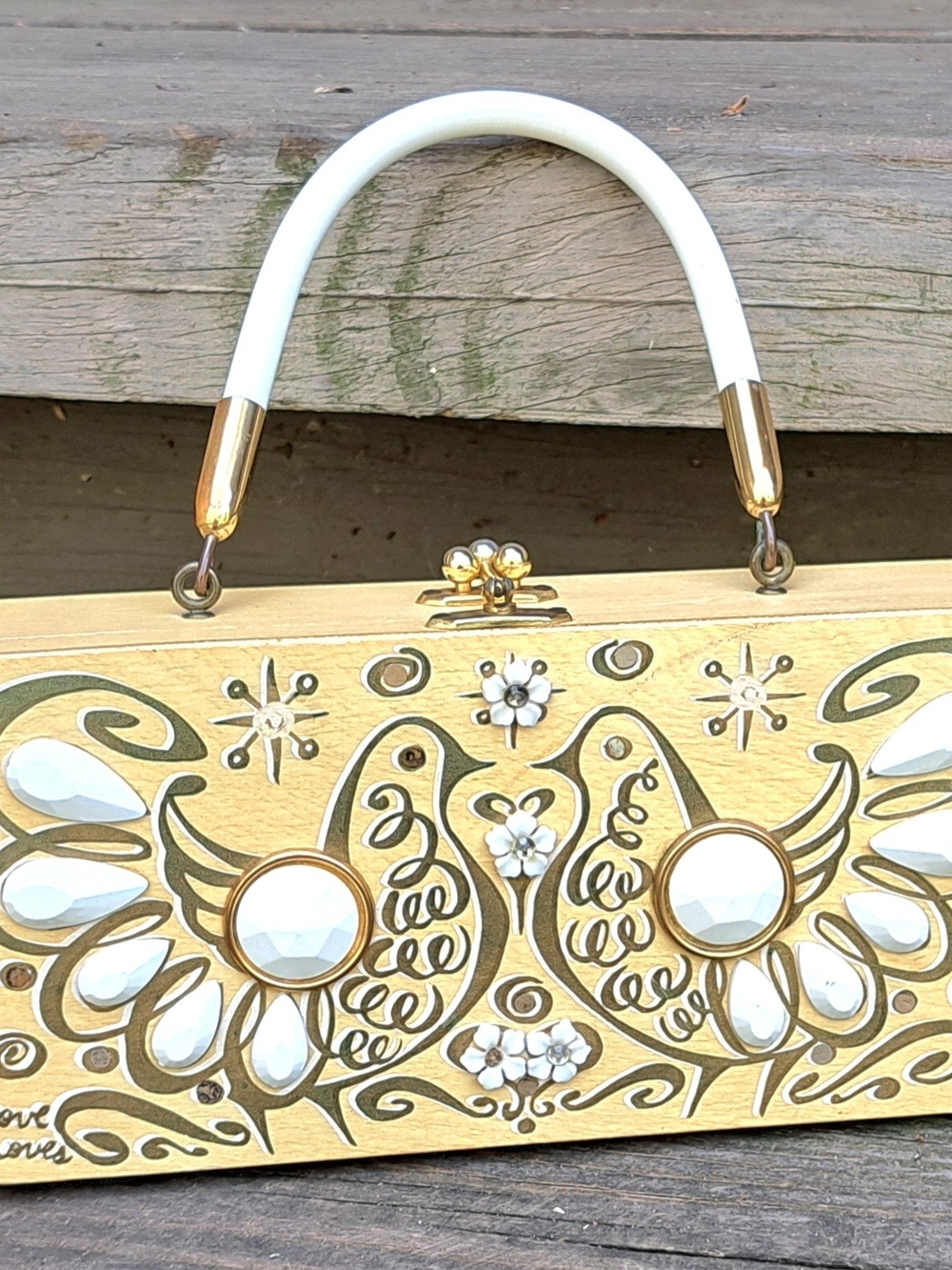 ENID COLLINS Gold & White Decorative Women's Clutch with Bird Motif